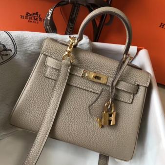 Hermes Kelly Clemence 20cm Bag in Grey Leather GHW