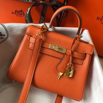 Hermes Kelly Clemence 20cm Bag in Orange Leather GHW