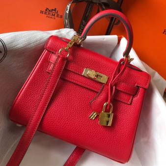 Hermes Kelly Clemence 20cm Bag in Red Leather GHW