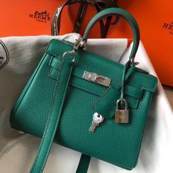 Hermes Kelly Clemence 20cm Bag in Vert Vertigo Leather PHW