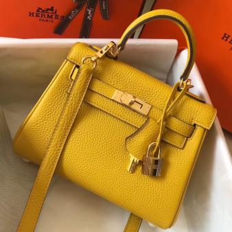 Hermes Kelly Clemence 20cm Bag in Yellow Leather GHW