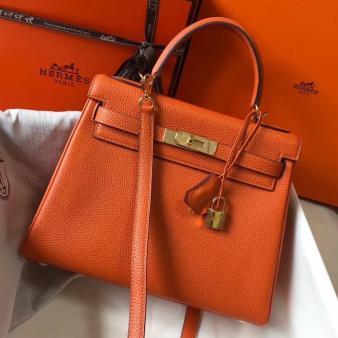 Hermes Kelly Clemence 25cm Retourne Bag in Orange Leather