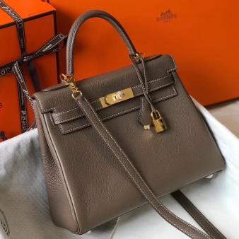 Hermes Kelly Clemence 25cm Retourne Bag in Taupe Leather