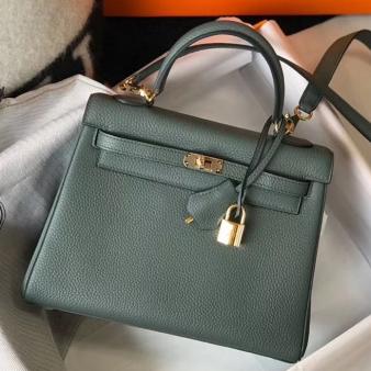 Hermes Kelly Clemence 25cm Retourne Bag in Vert Amande Leather