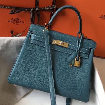 Hermes Kelly Clemence 28cm Bag in Blue Jean Leather GHW