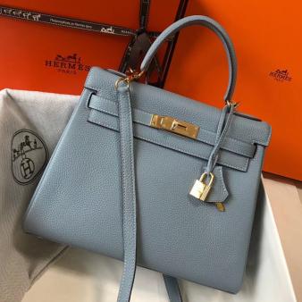 Hermes Kelly Clemence 28cm Bag in Blue Lin Leather GHW