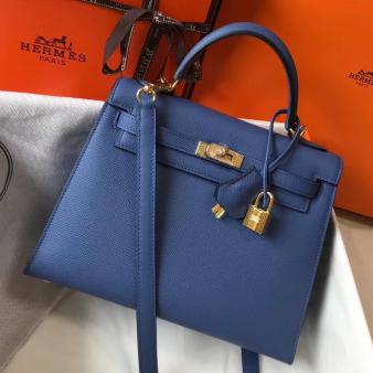 Hermes Kelly Epsom 25cm Sellier Bag in Agate Blue Leather