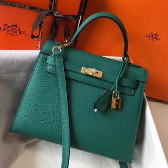 Hermes Kelly Epsom 25cm Sellier Bag in Malachite Leather