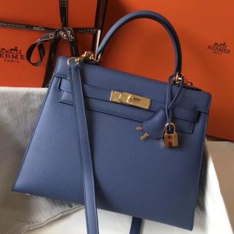 Hermes Kelly Epsom 28cm Bag in Blue Agate Leather GHW