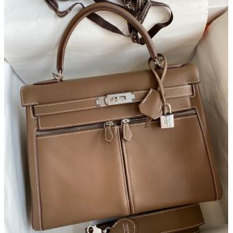 Hermes Kelly Lakis 32 Handmade Bag in Taupe Swift Calfskin