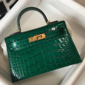 Hermes Kelly Mini II Bag in Green Embossed Crocodile Leather