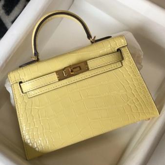 Hermes Kelly Mini II Bag in Jaune Poussin Embossed Crocodile Leather