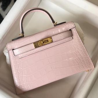 Hermes Kelly Mini II Bag in Rose Dragee Embossed Crocodile Leather