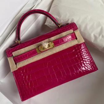 Hermes Kelly Mini II Bag in Rose Red Alligator Leather