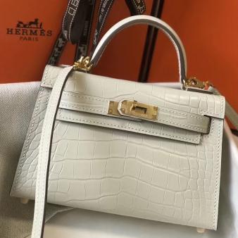 Hermes Kelly Mini II Handmade Bag in Beton Crocodile Embossed Leather