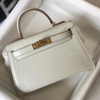 Hermes Kelly Mini II Handmade Bag in Beton Embossed Crocodile Leather