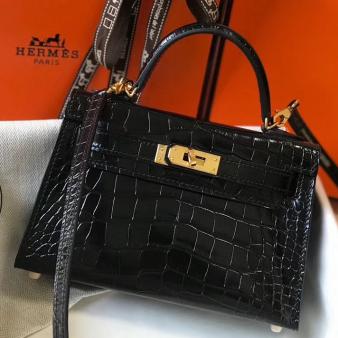 Hermes Kelly Mini II Handmade Bag in Black Crocodile Embossed Leather