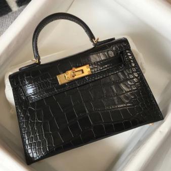 Hermes Kelly Mini II Handmade Bag in Black Embossed Crocodile Leather