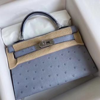 Hermes Kelly Mini II Handmade Bag in Blue Lin Ostrich Leather