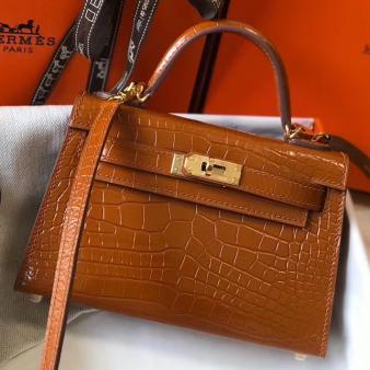 Hermes Kelly Mini II Handmade Bag in Brown Crocodile Embossed Leather