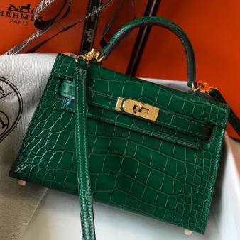 Hermes Kelly Mini II Handmade Bag in Green Crocodile Embossed Leather