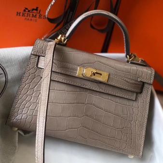 Hermes Kelly Mini II Handmade Bag in Grey Crocodile Embossed Leather