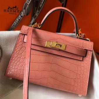 Hermes Kelly Mini II Handmade Bag in Pink Crocodile Embossed Leather