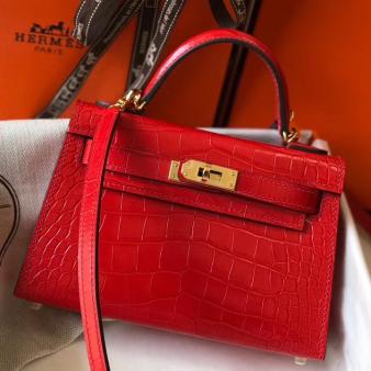 Hermes Kelly Mini II Handmade Bag in Red Crocodile Embossed Leather