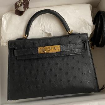 Hermes Kelly Mini II Sellier Handmade Bag in Black Ostrich Leather