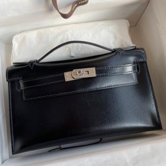 Hermes Kelly Pochette Handmade Bag in Box Calfskin Black