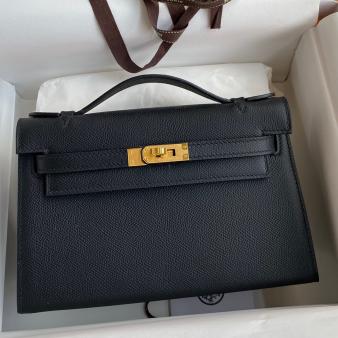 Hermes Kelly Pochette Handmade Bag in Epsom Calfskin Black