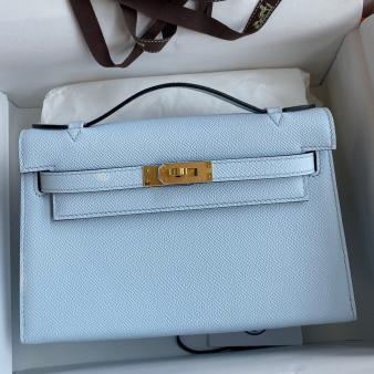 Hermes Kelly Pochette Handmade Bag in Epsom Calfskin Blue Brume