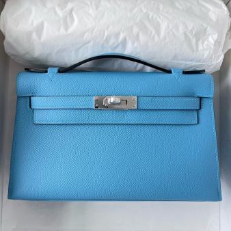 Hermes Kelly Pochette Handmade Bag in Epsom Calfskin Blue du Nord