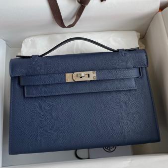 Hermes Kelly Pochette Handmade Bag in Epsom Calfskin Blue Saphir