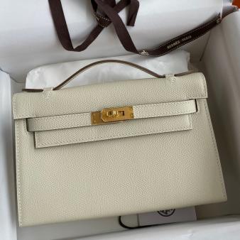 Hermes Kelly Pochette Handmade Bag in Epsom Calfskin Craie