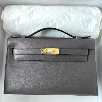 Hermes Kelly Pochette Handmade Bag in Epsom Calfskin Etain