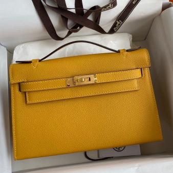 Hermes Kelly Pochette Handmade Bag in Epsom Calfskin Jaune Ambre