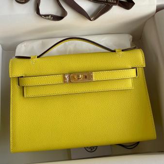 Hermes Kelly Pochette Handmade Bag in Epsom Calfskin Lime