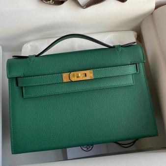 Hermes Kelly Pochette Handmade Bag in Epsom Calfskin Malachite