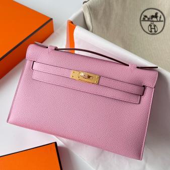 Hermes Kelly Pochette Handmade Bag in Epsom Calfskin Mauve Sylvestre