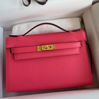 Hermes Kelly Pochette Handmade Bag in Epsom Calfskin Rose Lipstick