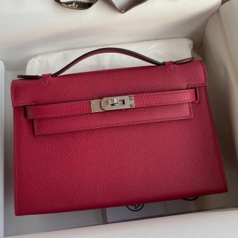 Hermes Kelly Pochette Handmade Bag in Epsom Calfskin Ruby