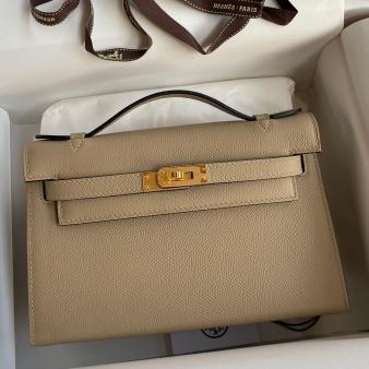 Hermes Kelly Pochette Handmade Bag in Epsom Calfskin Trench