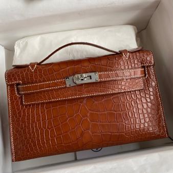 Hermes Kelly Pochette Handmade Bag in Matte Alligator Leather Gold