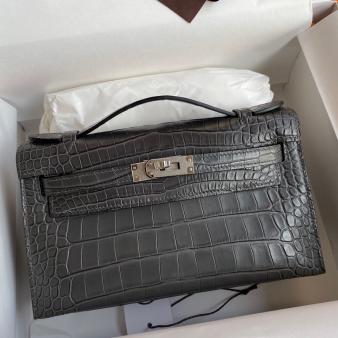 Hermes Kelly Pochette Handmade Bag in Matte Alligator Leather Graphite