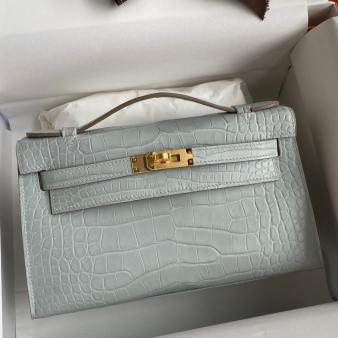 Hermes Kelly Pochette Handmade Bag in Matte Alligator Leather Pearl Grey