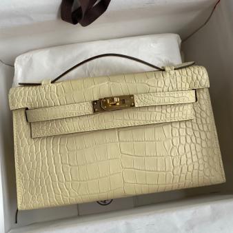 Hermes Kelly Pochette Handmade Bag in Matte Alligator Leather Vanille