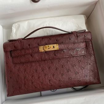 Hermes Kelly Pochette Handmade Bag in Ostrich Leather Bordeaux