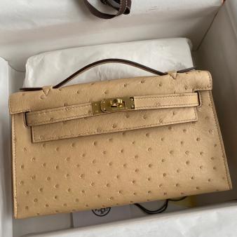 Hermes Kelly Pochette Handmade Bag in Ostrich Leather Chai