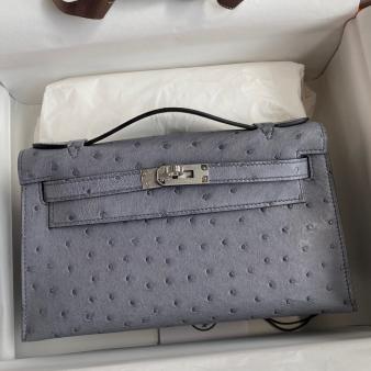 Hermes Kelly Pochette Handmade Bag in Ostrich Leather Gris Agate